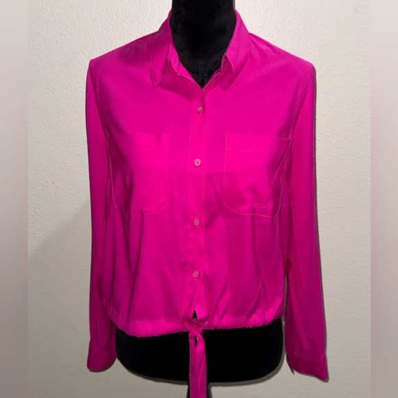Express Hot Pink Tie-Hem Button-Down Shirt - Picture 3 of 7